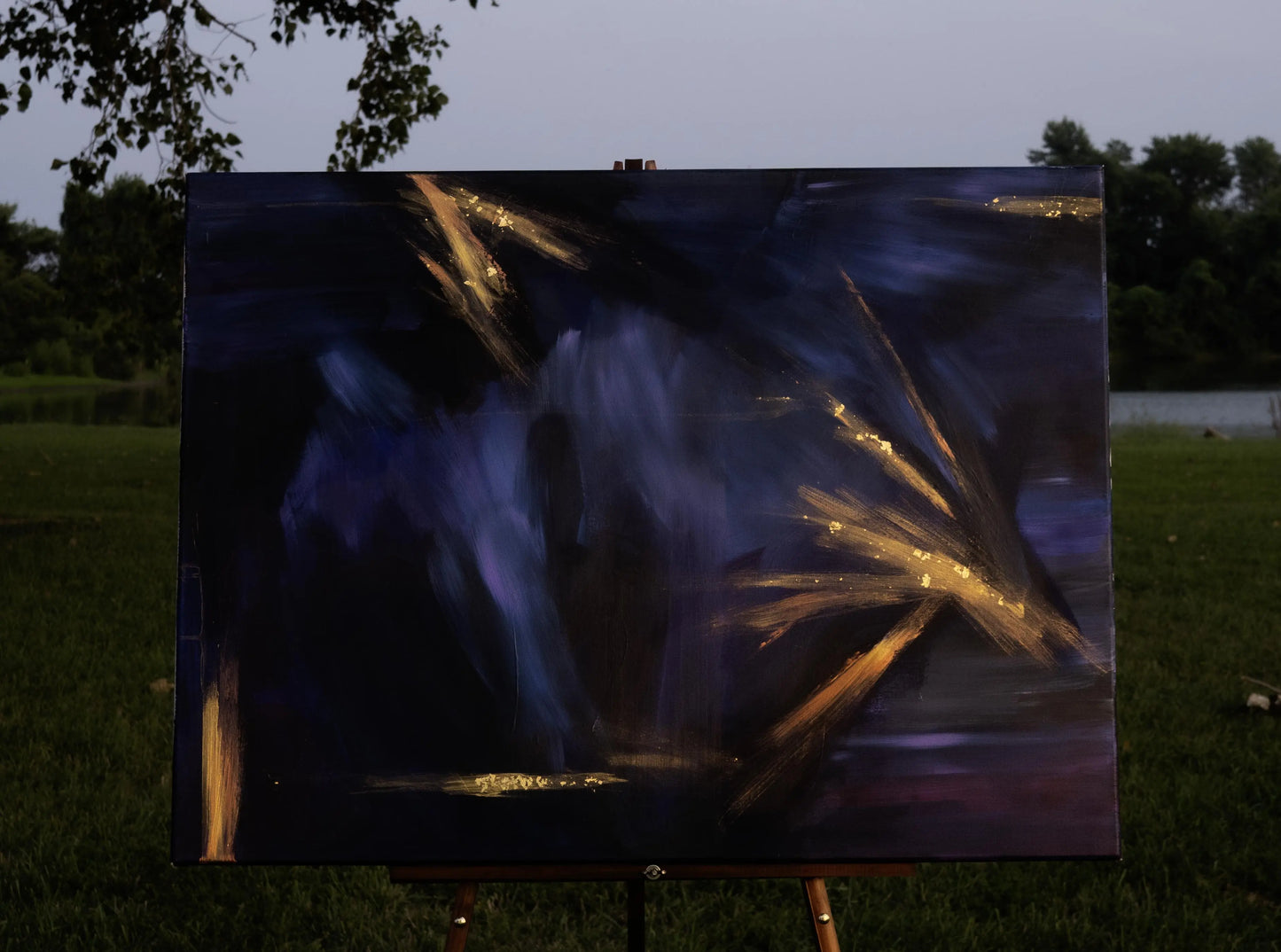 Night Sparks is an original abstract painting by Isabella Empey that captures the quiet electricity of a moment before it bursts into life. Deep shades of navy and violet form the backdrop while streaks of luminous gold and amber cut through like sparks in the dark.