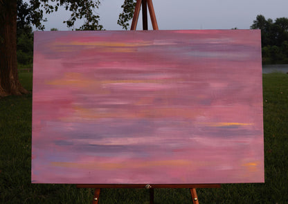 Abstract painting with horizontal strokes of blended pink, lavender, gold, and muted purple. The soft, layered colors create a hazy, dreamlike effect, evoking movement and blurred vision, as if the world is rushing past.