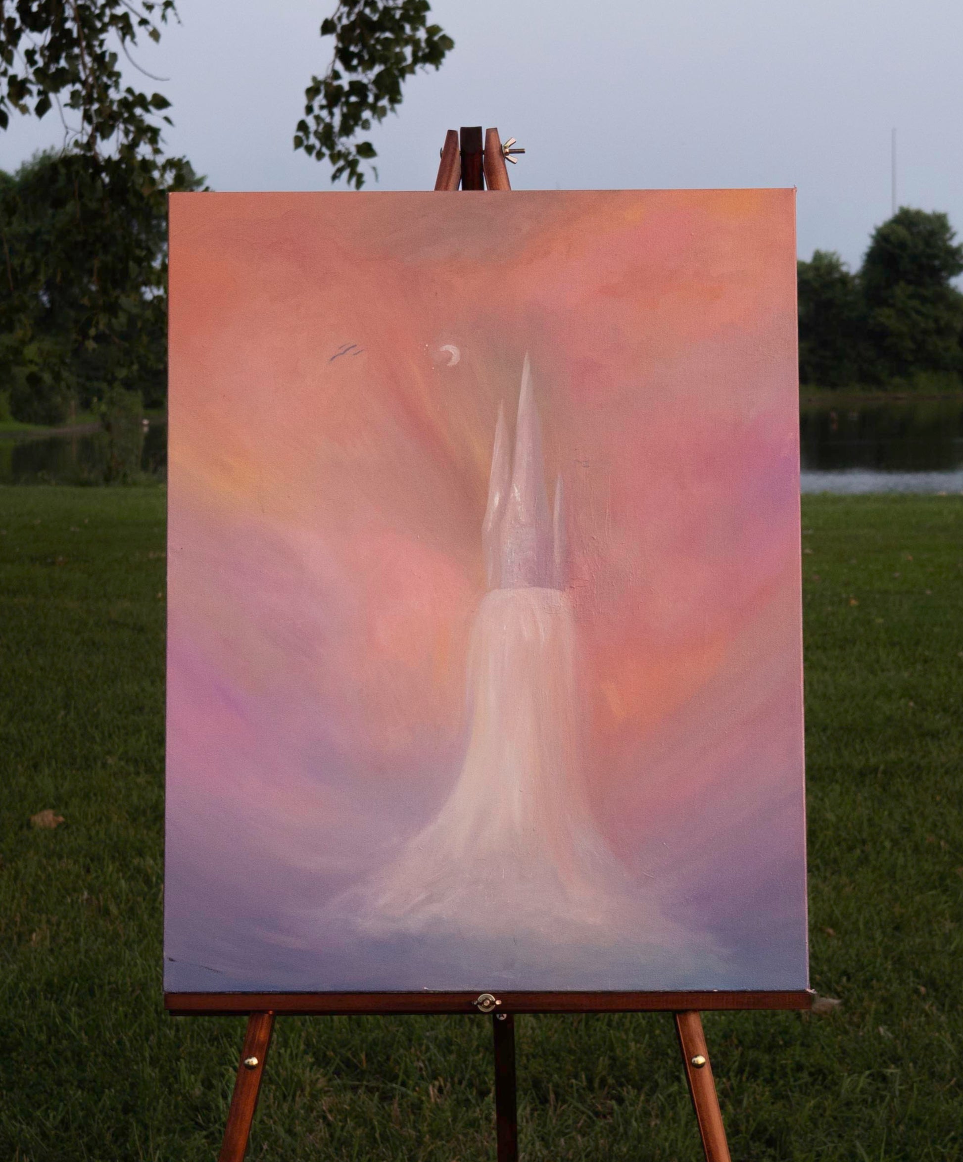 Abstract surreal scene with a tall, ethereal spire or tower rising from mist against a gradient sky of peach, rose, lavender, and soft purple. The structure glows faintly, blending into the swirling background, suggesting ascent or transcendence.