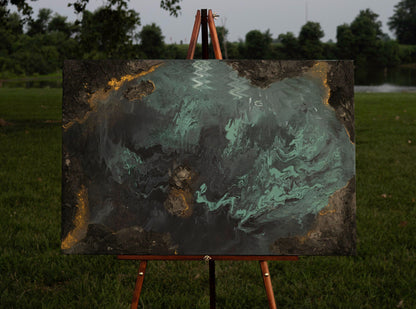 This one of a kind acrylic and plaster art piece is about surrender and transformation. Not just slightly dipping your toes in, but letting go and letting the current take you. Into the warmth of stillness... and the depth of darkness.&nbsp;
It's about the moments that pull you under, the ones that change you when you resurface.&nbsp;