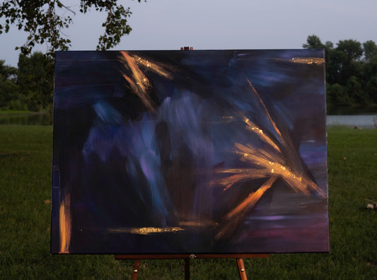 Night Sparks is an original abstract painting by Isabella Empey that captures the quiet electricity of a moment before it bursts into life. Deep shades of navy and violet form the backdrop while streaks of luminous gold and amber cut through like sparks in the dark.
