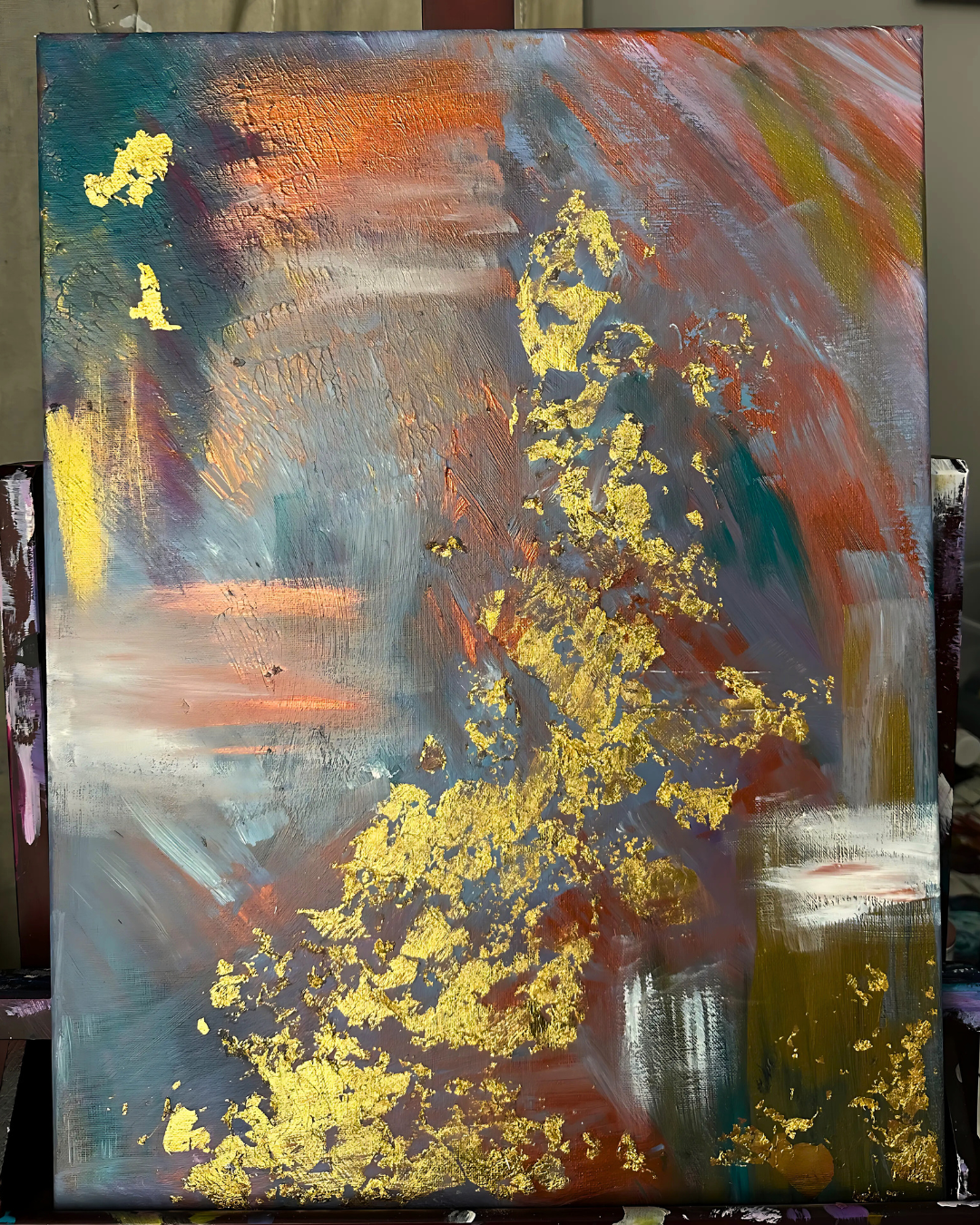 gold green orange emotional abstract art by emerging artist